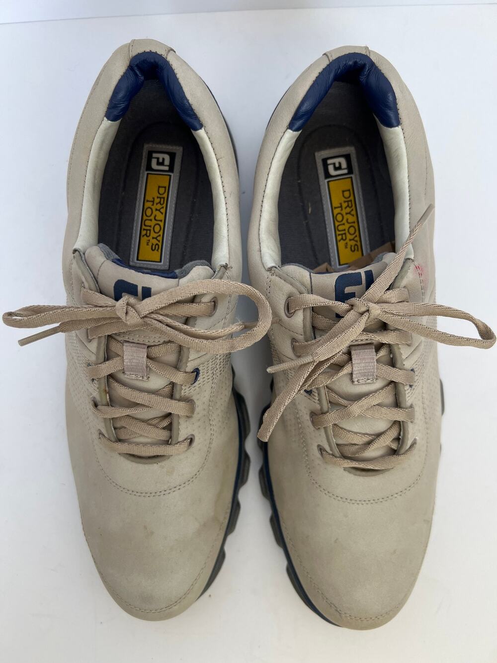 Foot Joy DryJoys Tour Mens Size 12 M Beige Blue Leather Spikeless Golf Shoes